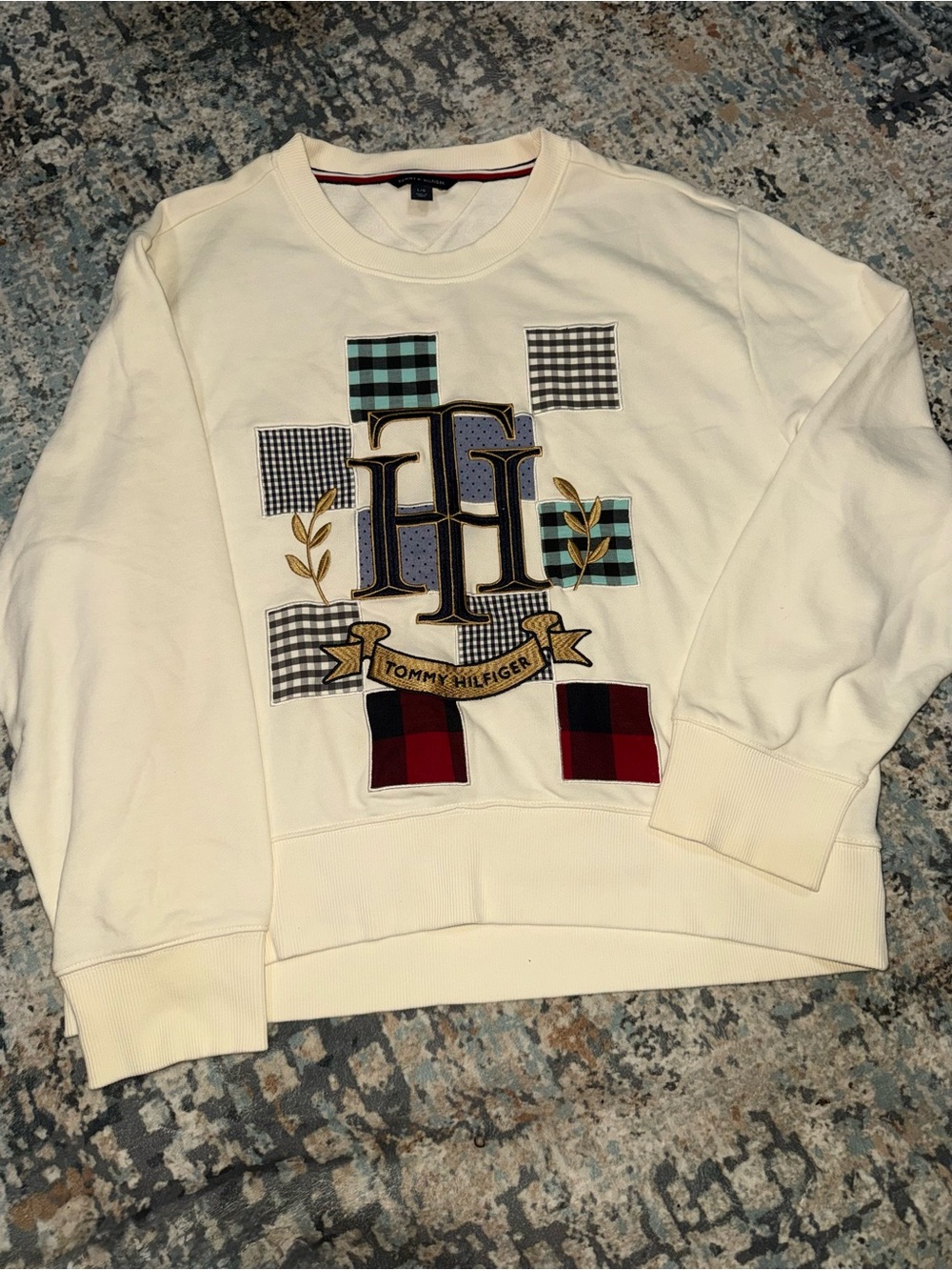 Tommy Hilfiger Cream Crewneck Sweatshirt with Patchwork Plaid